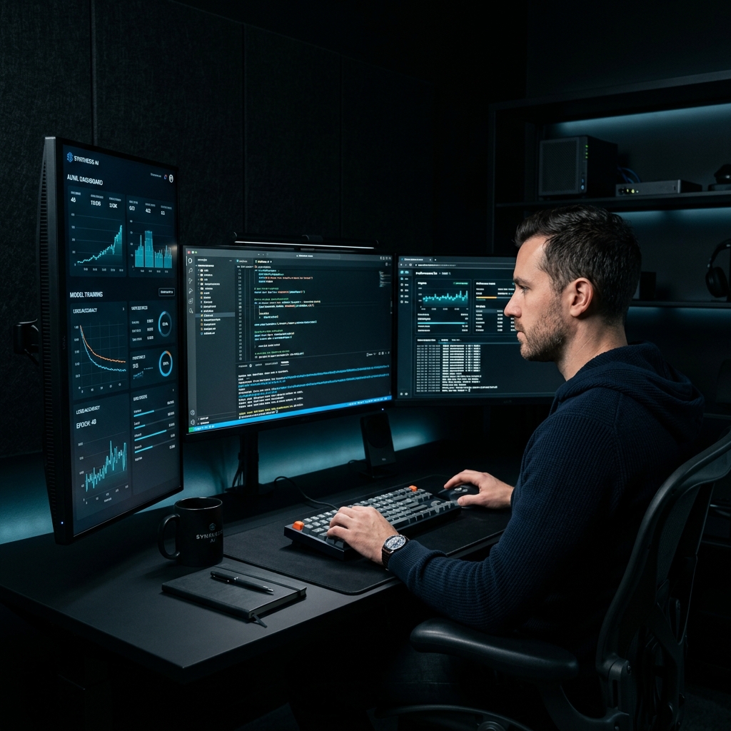 Profissional monitorando sistemas de IA em ambiente de alta tecnologia